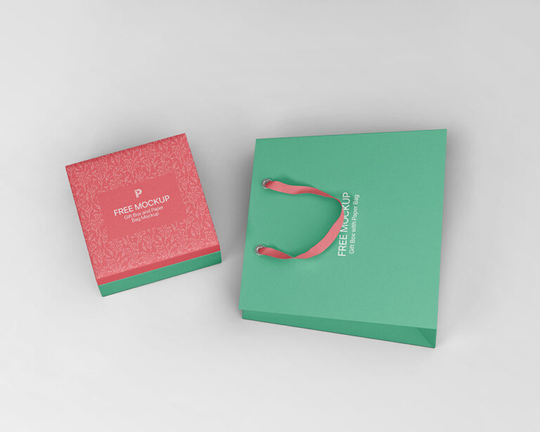 square gift box with bag mockup