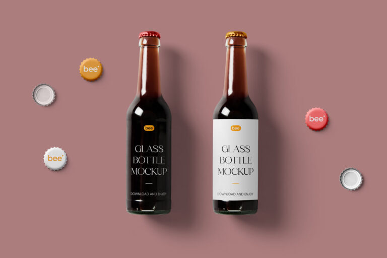 two glass beer bottle mockup with caps