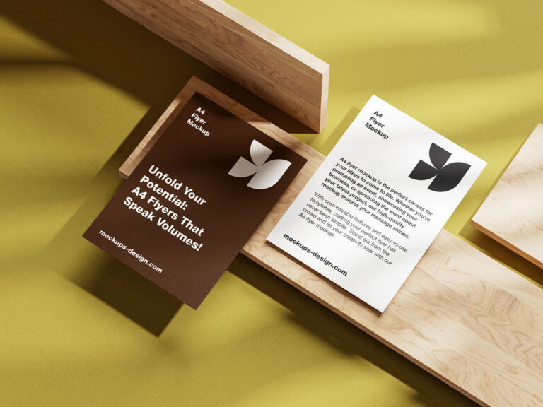 A4 flyer mockup on wooden block