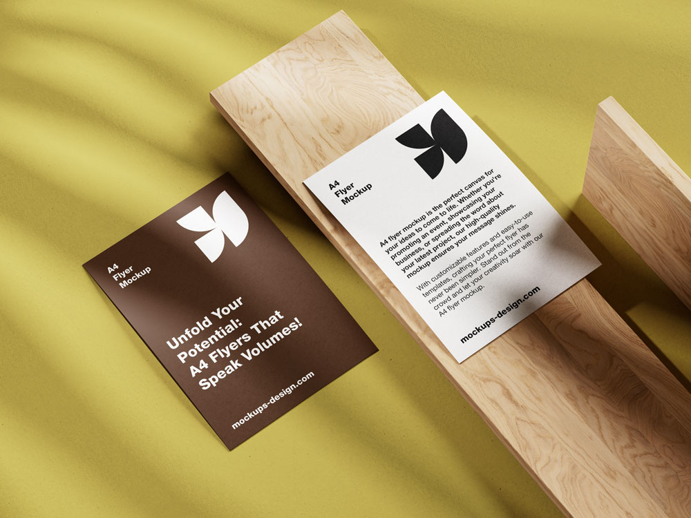 A4 flyer mockup on wooden surface