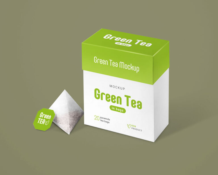 green tea box mockup with tea sachet