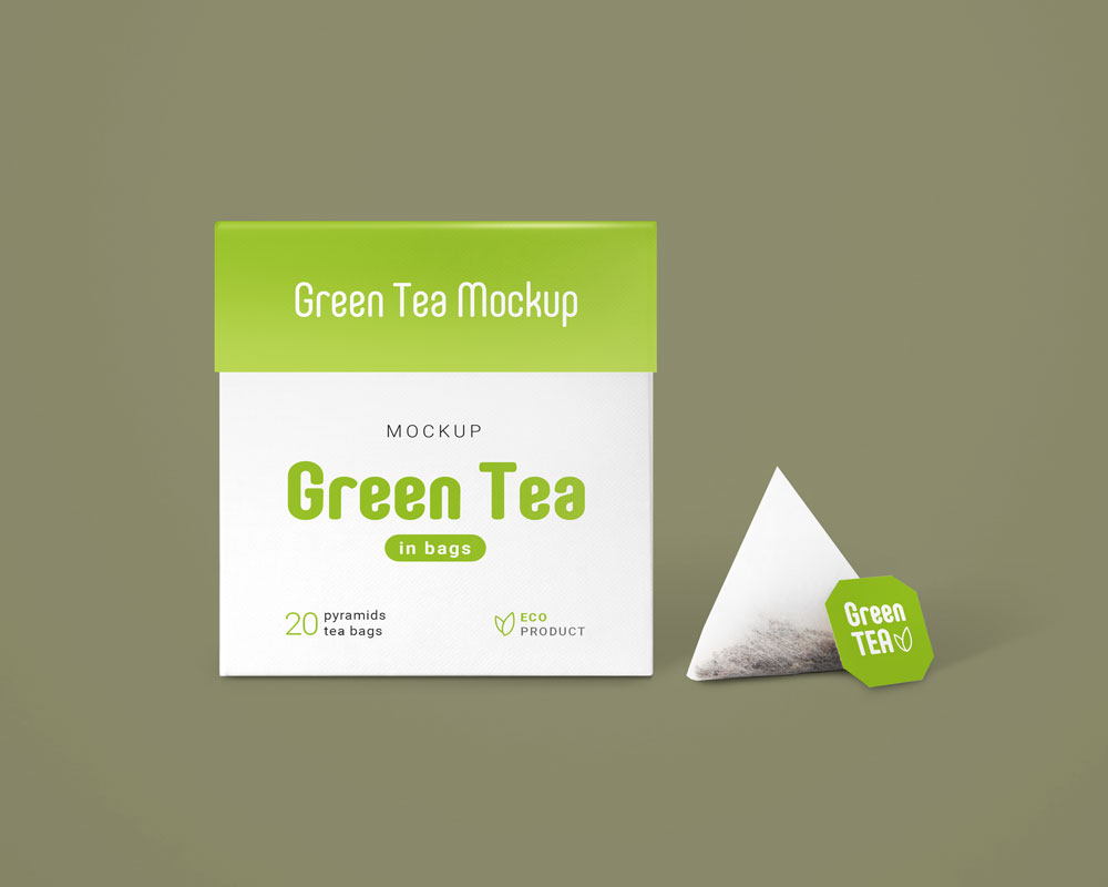green tea box mockup with tea sachet